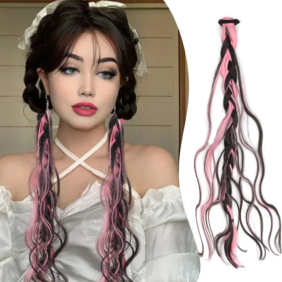 

Synthetic 2pcs/set 20inch messy braid, pink wig braid, boxer braid wig women ponytail new Chinese Fried Dough Twists long braid