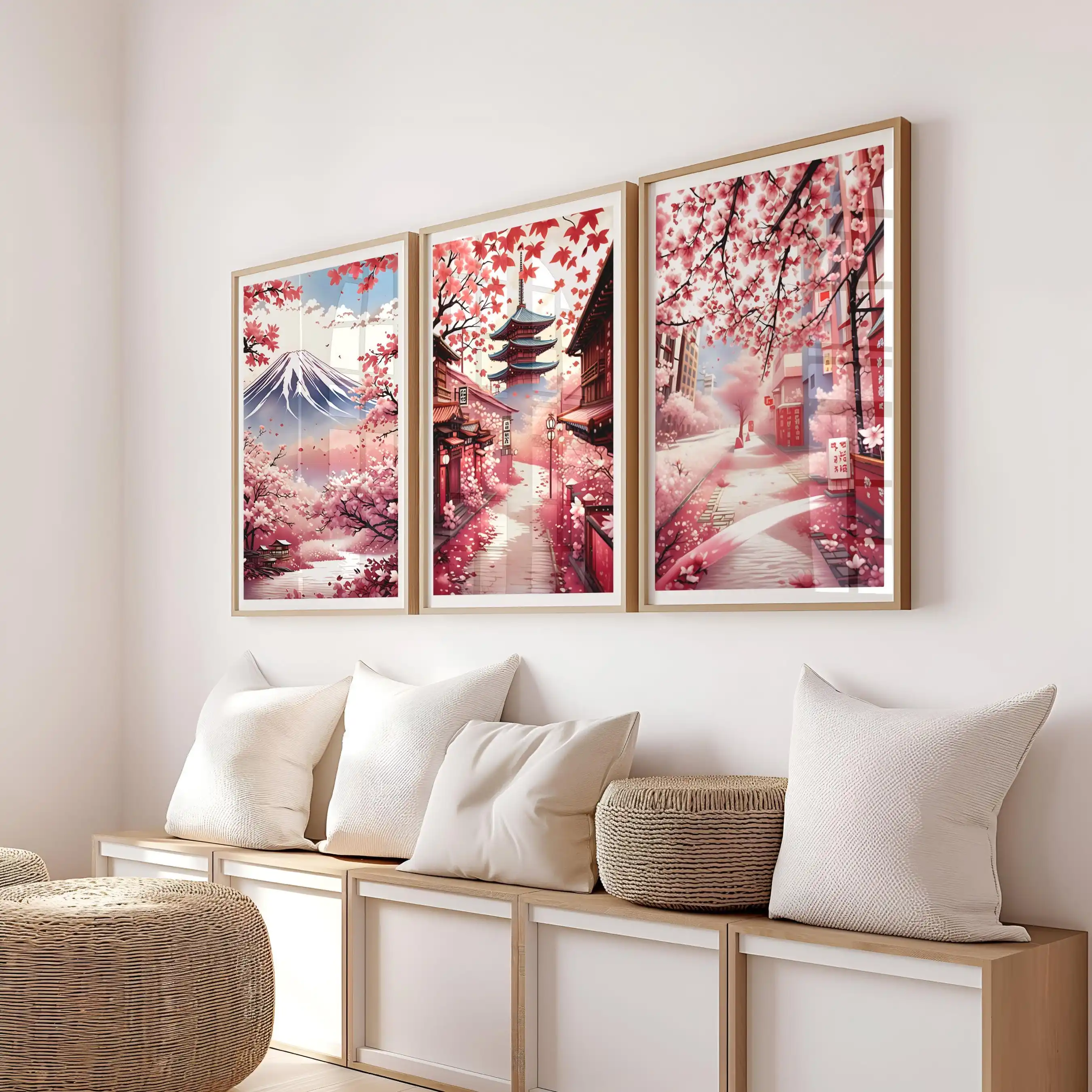 frameless Canvas Painting 3pc frameless Set of 3 Japan Cherry Blossom Wall Art Mt Fuji Japanese Prints Sakura Decor  Canvas Pos