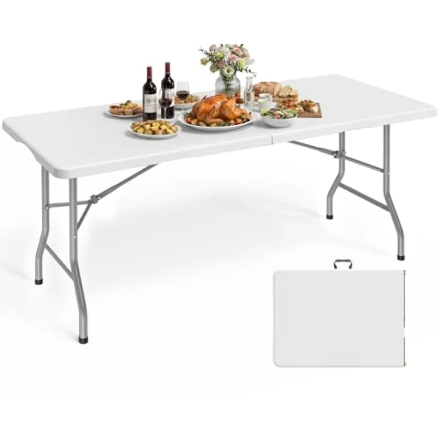 

6FT Folding Table for Party, Craft, Camping, Picnic White Polyethylene Top, Lightweight Steel Frame, No Assembly, Carrying Hand