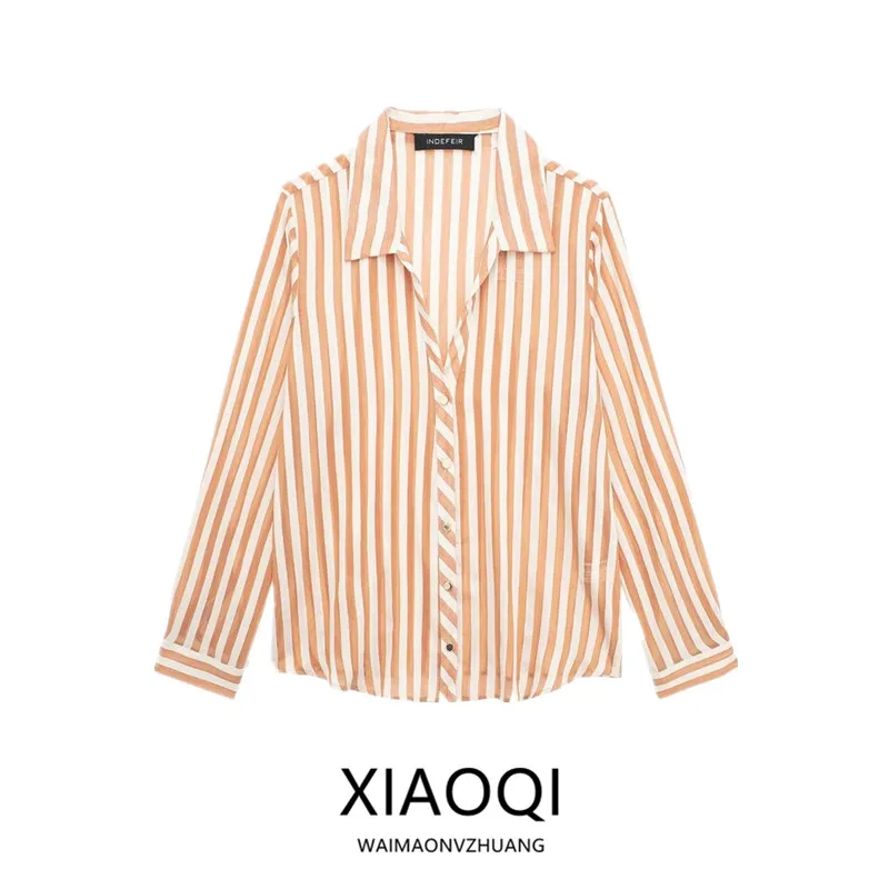 

Spring 2024 Women's Faion Striped irt Versatile Design Classic Straight Cut Long Sve Casual Businwear