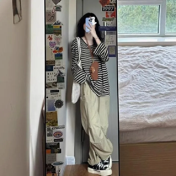 K57 Lazy Style Striped Long Sleeve U Neck T Shirt Women's Waist-Cinching Fashion Autumn 2026 No Hood Other Material 100%