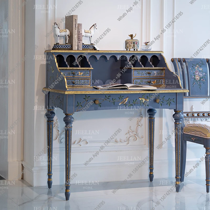 

cv Solid Wood Birch European Neoclassical Painting 1 Meter Five Buckets With Drawers Green Blue Writing Desk
