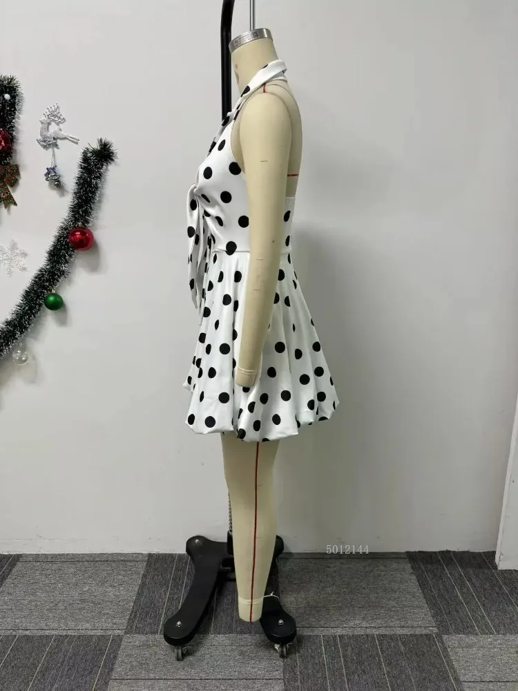 Femmes élégantes Poken Dot imprimé nœud papillon col en v profond sans manches grande robe trapèze 2026 plage vacances fête robes robes Sexy