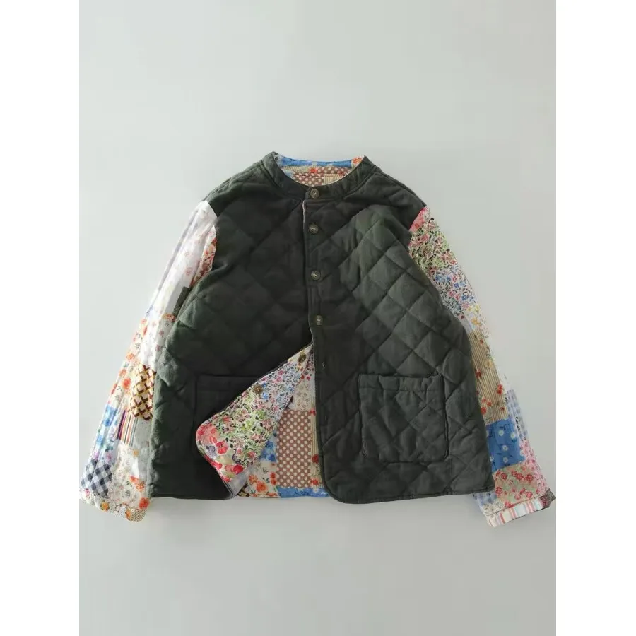 

Women's Cotton Jaet 2024 Winter Thiened Long Sve round Ne Two-Sided Wear Versatile Slimming Patchwork Coat