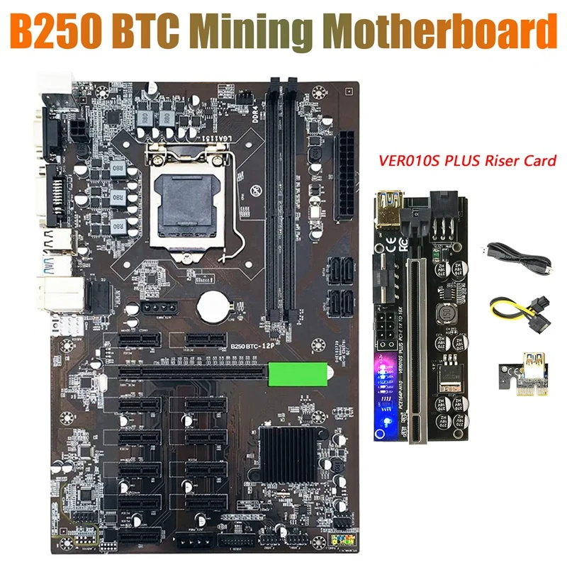 

Материнская плата для майнинга BTC B250 с VER010S PLUS Riser 12 слотов для видеокарты LGA 1151 DDR4 USB3.0 для майнинга BTC