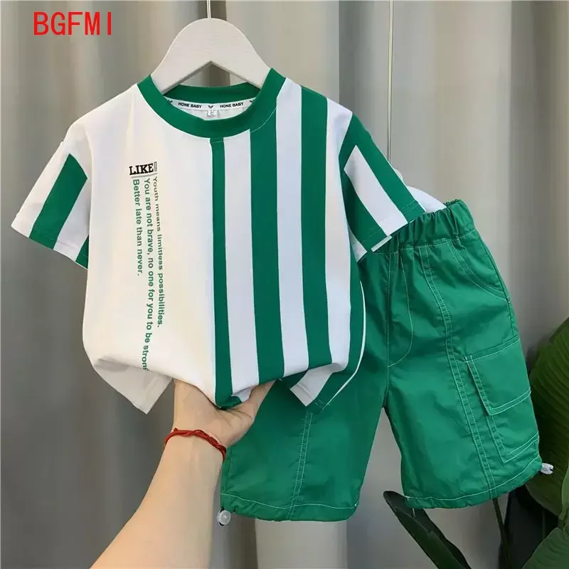 

2-11Y New 2024 Baby Boys Summer Children's Sets, Handsome Korean Style Striped T-Shirt + Shorts Two-Piece Set for Teenage Boys