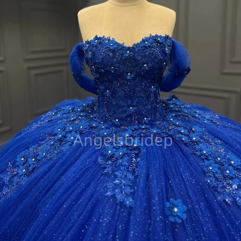 Angelsbridep Customized Royal Blue Long Train 3D Flora Ball Gown Quinceanera Dress Party Dresses Vestidos 15 Años Quinceañera