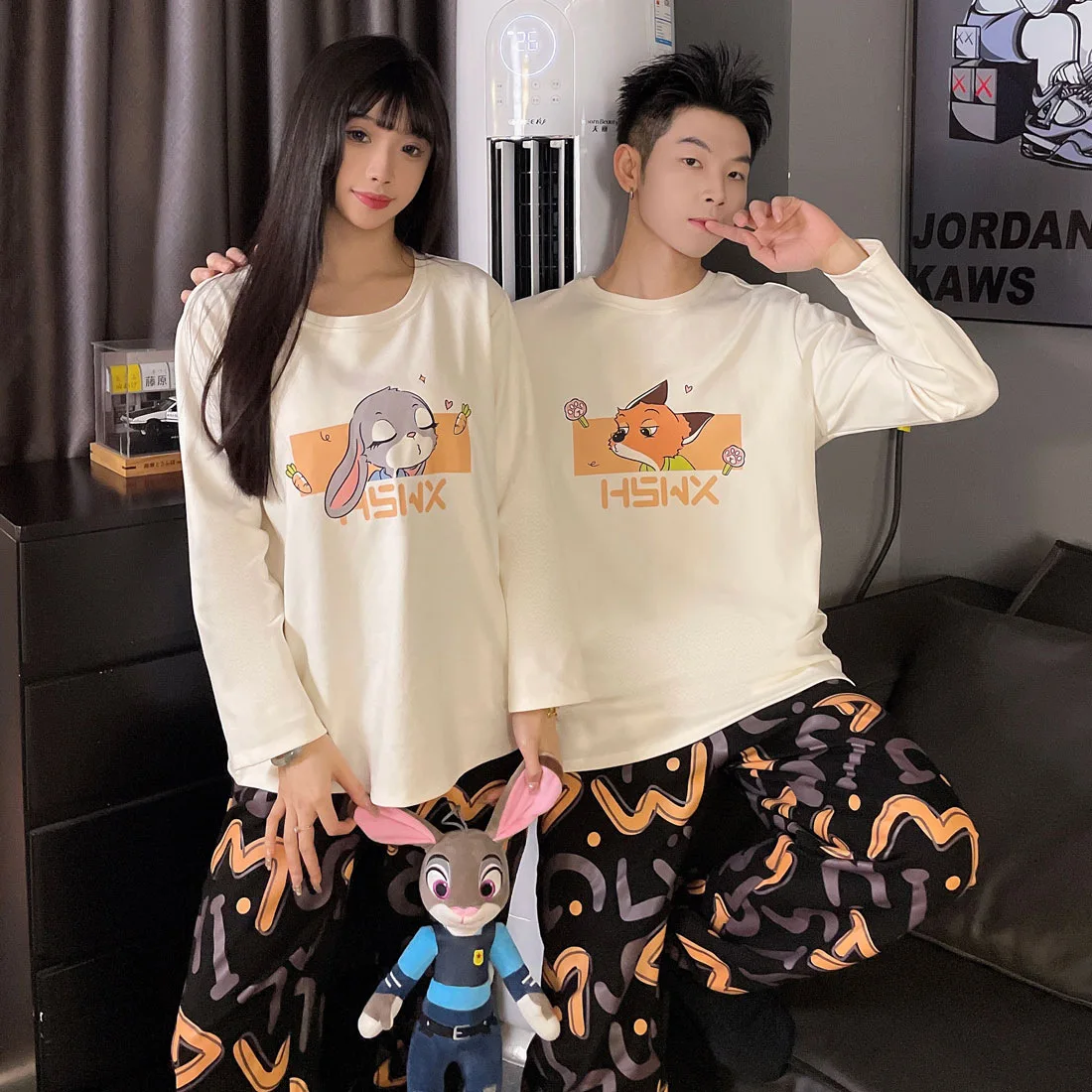 

Disney Zootopia Anime Cartoon Stitch Couple Pajamas Setwoman Men Spring Round Neck Long Sleeved Pants Print Loose Cute Homewear