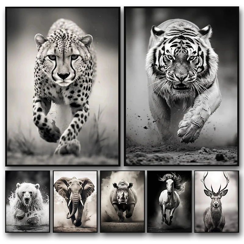 Black and White Tiger Elephant Deer Cheetah Bull Horse Poster Animal Canvas Painting Prints Wall Art Room Home Decor Frameles