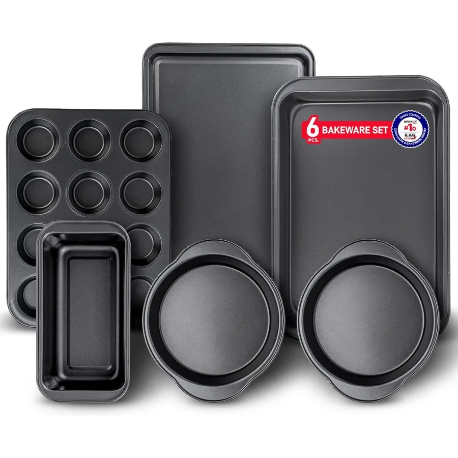 

Набор для выпечки из 6 предметов Deluxe с антипригарным черным покрытием внутри и снаружи Набор форм для выпечки из углеродистой стали PFOA PFOS и без ПТФЭ Идеально подходит для