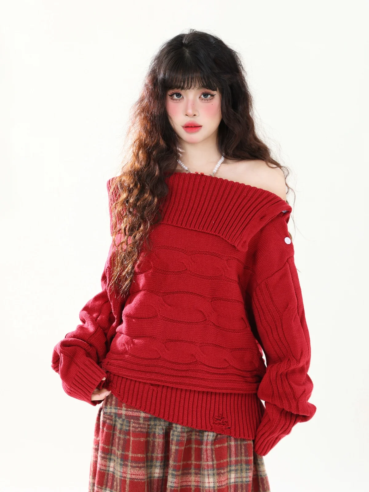 

ENJOG Retro Button Red Off-oulder Two-Way Wear Women's Sweater Autumn Winter Design Casual Loose Fit Long Sve ort Coat