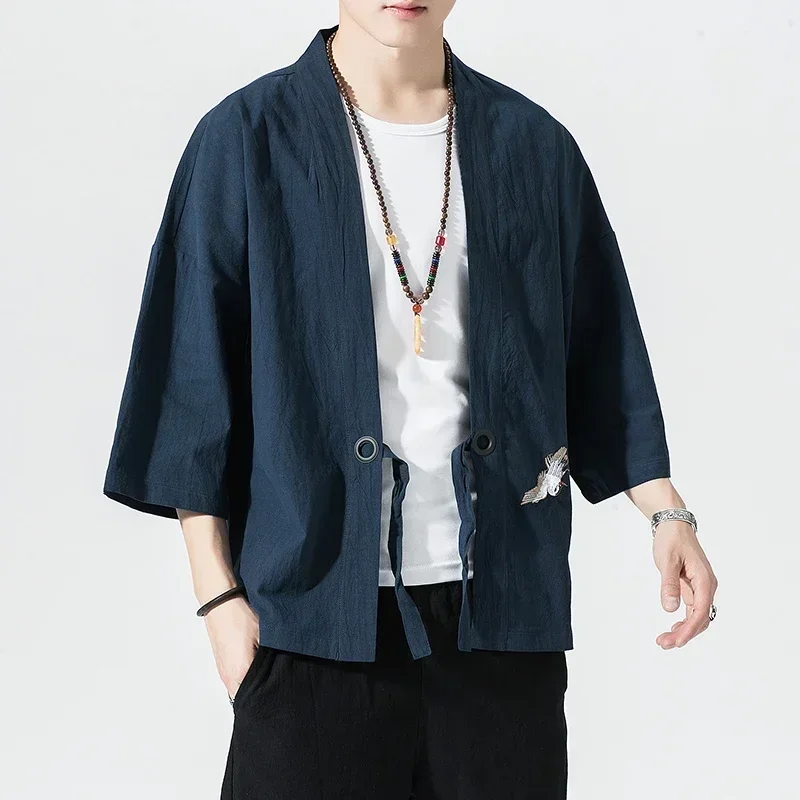 Cotton Linen Kimono Cardigan Men Japanese Obi Male Yukata Men Haori Thin Causal Samurai Clothing Traditional Streetwear Jacket