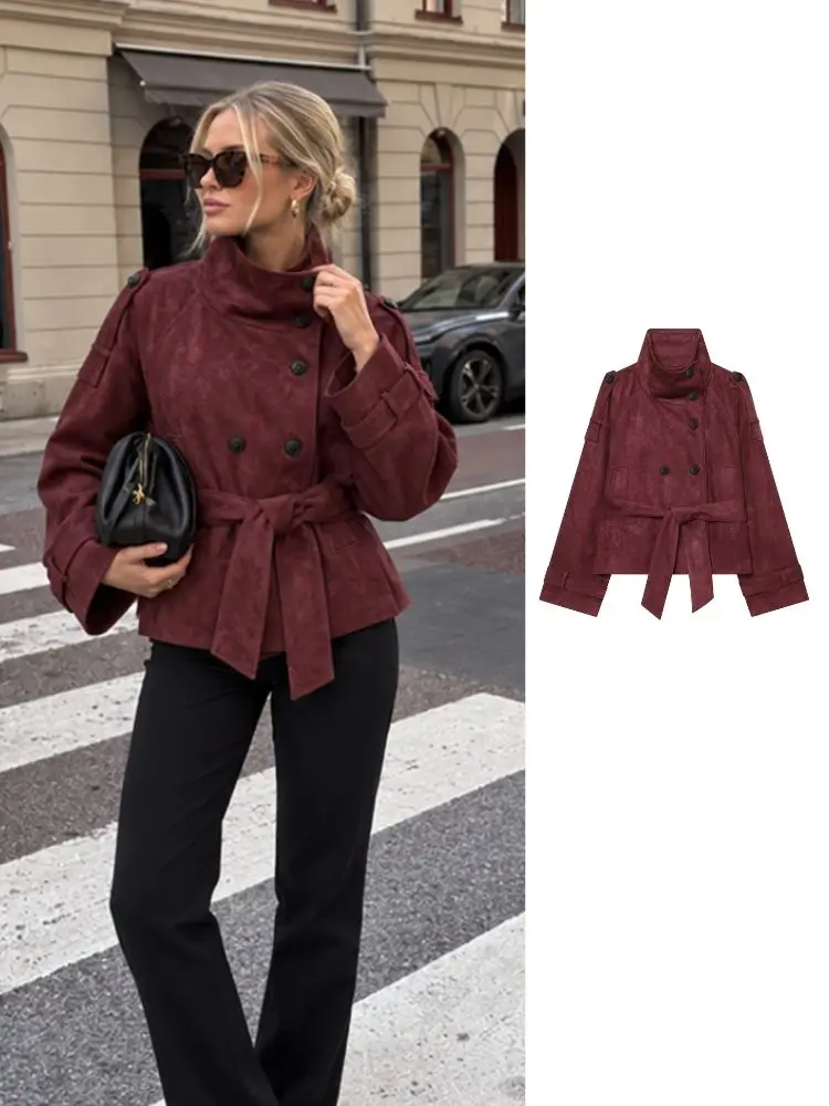 HH Women Spring Fall Faux Suede Cropped Jacket Double‑Breasted Buttons Self‑Fabric Waist Tie BeltOuterwear For Commute Date