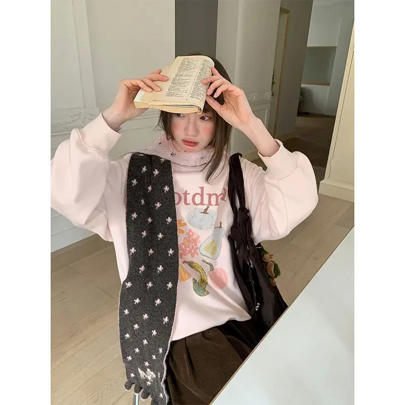 Women Korean Sweet Pumpkin Print Crew Neck Sweatshirt Autumn Winter Fleece Lined Loose Casual Couple Top S 4XL