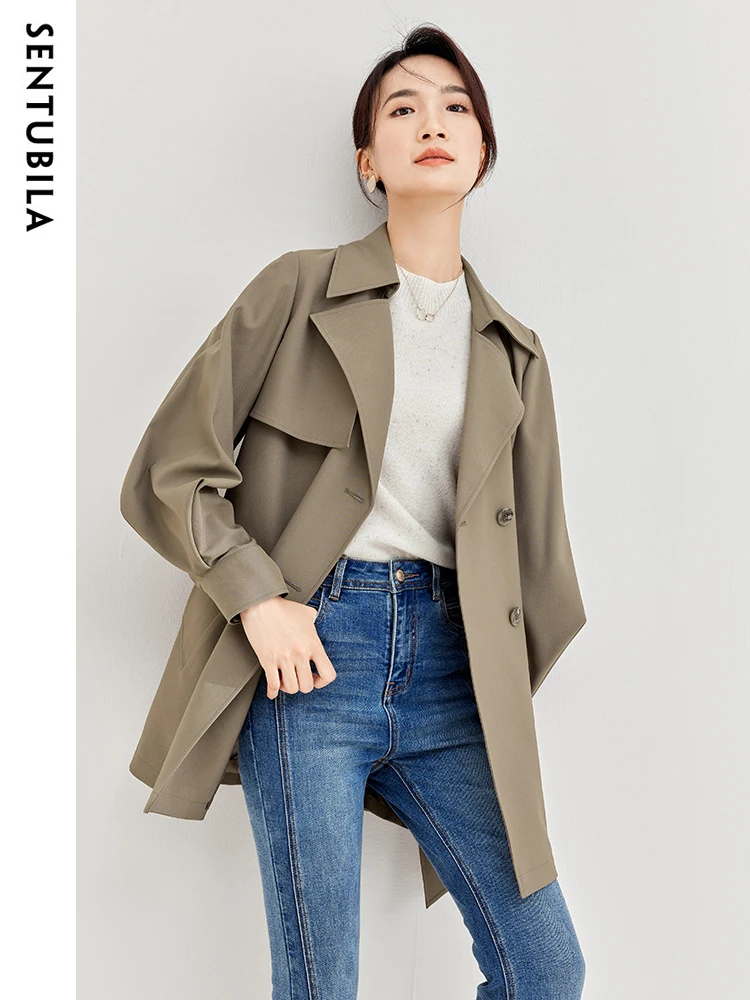 SENTUBILA Notched Double-breasted Trench Coats for Woman 2024 Winter Autumn Jackets Detachable Tie Belt Lantern Sleeve Outerwear