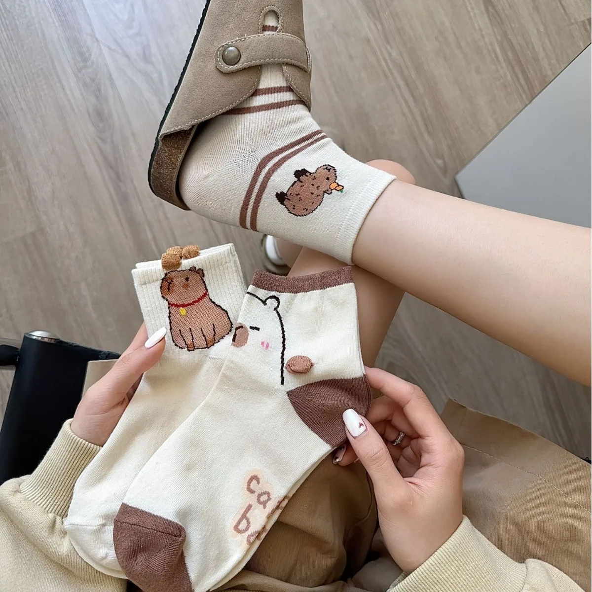 Spring and Summer Thin Coffee Color Cute Cartoon Tube Socks Personality Hollow Cotton Women's Socks