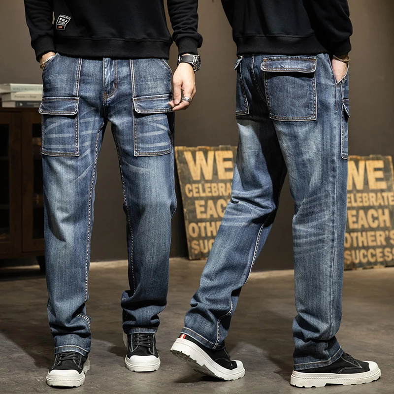 

Men's Loose Straight Leg Denim Pants with Multiple kets High Waist Long Trousers Faion Urban Workwear Thi Cotton Jeans