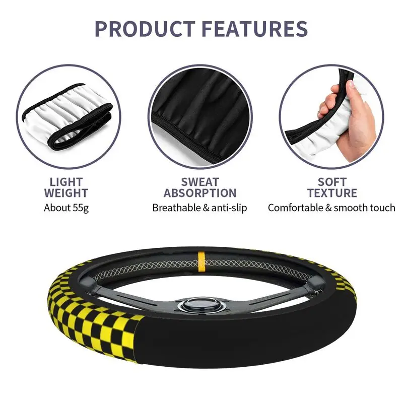 38cm Black Yellow Checkered Steering Wheel Cover Women Men Checkered Auto Car Steering Wheel Protector for Sedan Car 15 inch