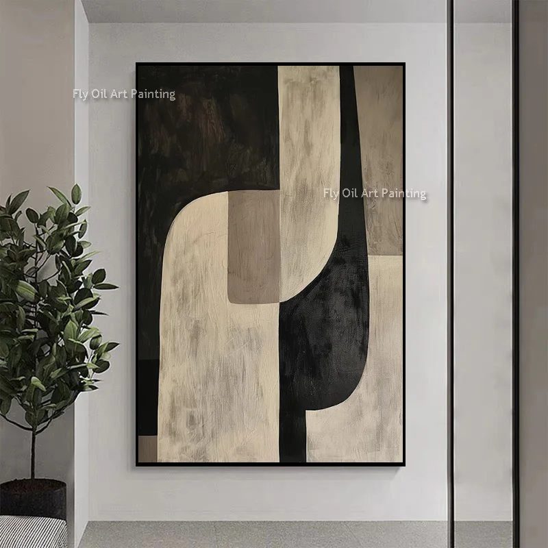 Impasto Hand‑Painted Abstract Oil Canvas, Muted Neutral Organic Shapes, Vintage Mid‑Century Vertical Living Room Wall Hanging