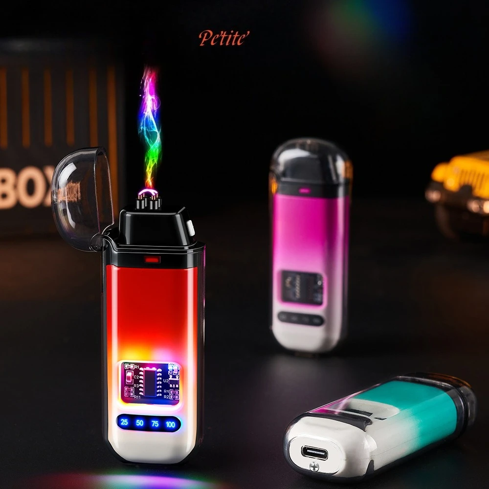New 673 Transparent Shell Charging Dual Arc Lighter Dual Arc Electronic Pulse Digital Display Lighter Cigarette Lighter