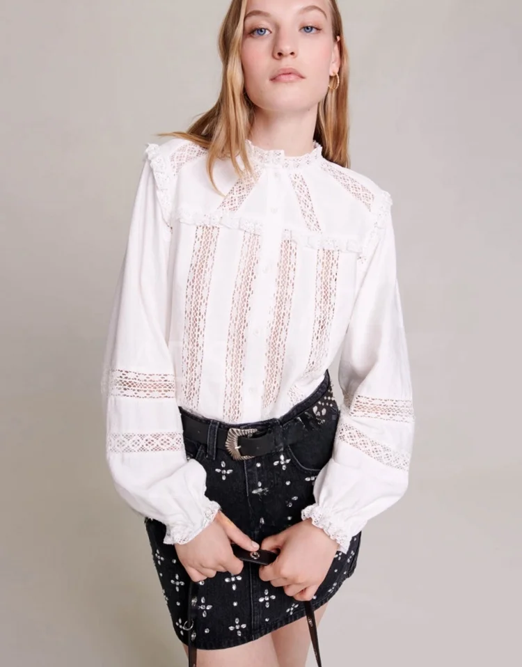 

Модная белая кружевная блузка с вырезами для женщин, осенняя новинка, модель CM00478, из полиэфирного волокна, с длинным рукавом