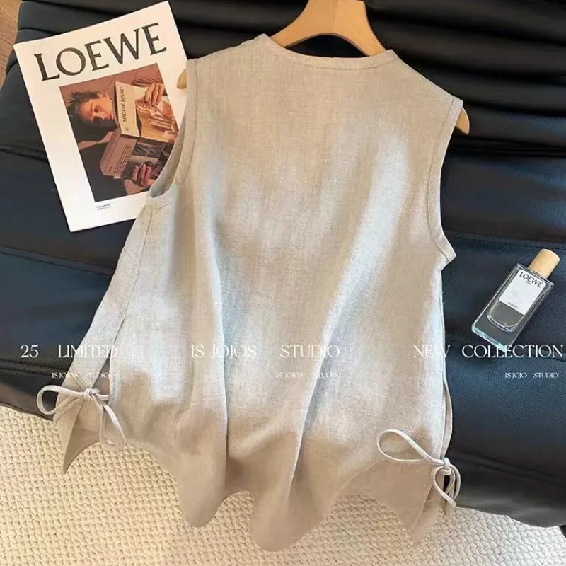 Light Beige V Neck Sleeveless Tank Top with Side Ribbon Tie Detail Casual Summer Women's Vest Top Regular Length