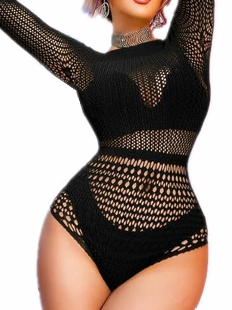 Costume de batterie transparent en dentelle transparente pour femmes, vêtements de danse sans entrejambe, boîte de nuit, manches longues, voir à travers la poitrine, nouveau corps sexy