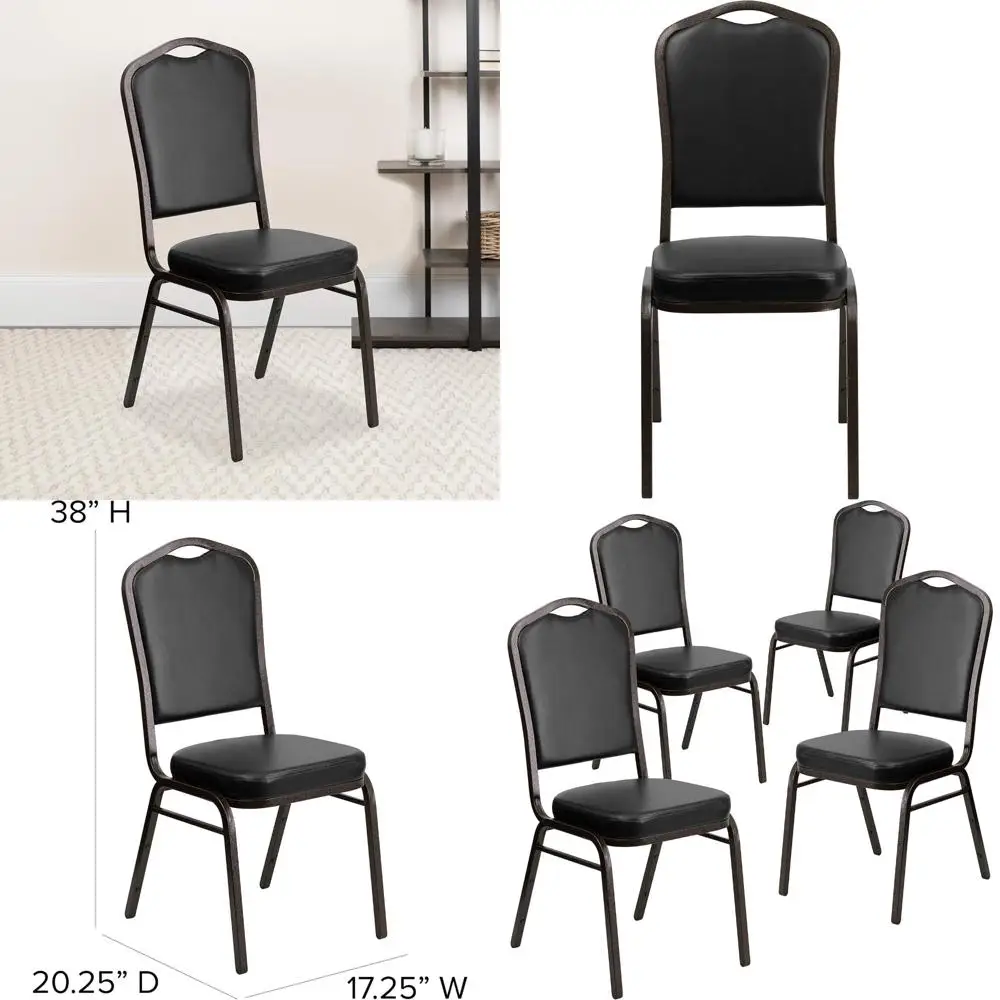 كراسي مأدبة إيما وأوليفر مكونة من 4 قطع قابلة للتكديس من الفينيل الأسود مع إطار من الوريد الذهبي