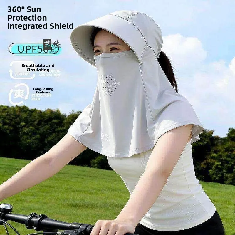 Summer Women's Sun Protection Hat Integrated Ice Silk Face Mask Large Brim Cool Cap Neck Protection against Ultraviolet Light