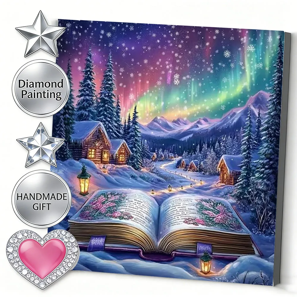 AZQSD 5D Diamond Mosaic House Winter Landscape Diamond Painting Aurora Book Resin Square Round Drill Home Decoration