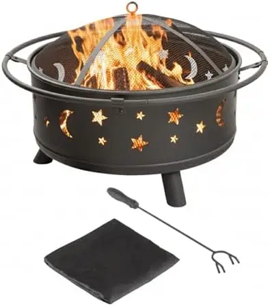 Fire Pit - 32-Inch Outdoor Wood Burning Firt with Sn, Poker, and Cover - Outdoor Fire Pits for Backyard, Deck, or Patio