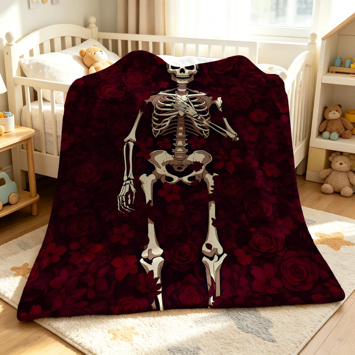 Rose Bones Flannel Blanket Warm Soft Halloween Christmas Couch Warm Cozy Decorative Decor Gift for All Season