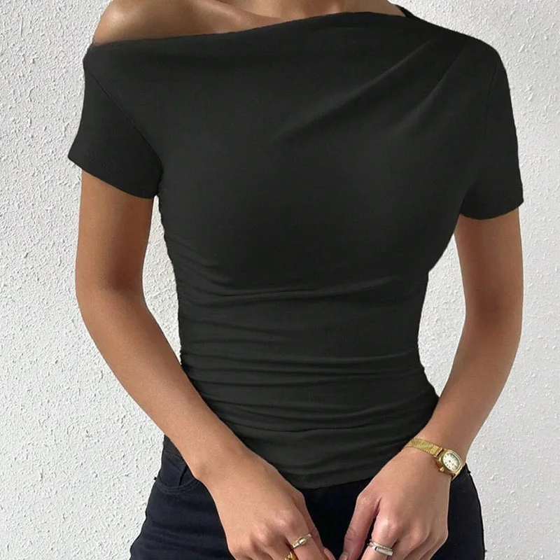 Women One Shoulder Ruched Short Sleeve T Shirt Summer Fashion Casual Solid Color Slim Fit Tee Top Streetwear 2024