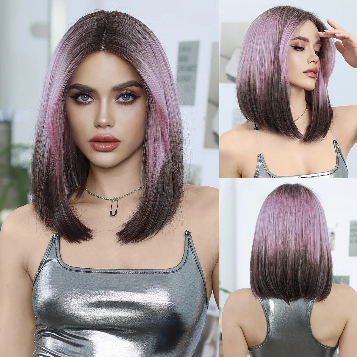 Small T lace  pink gradient brown short straight hair with high-temperature chemical fiber BoB Lace front Wigs