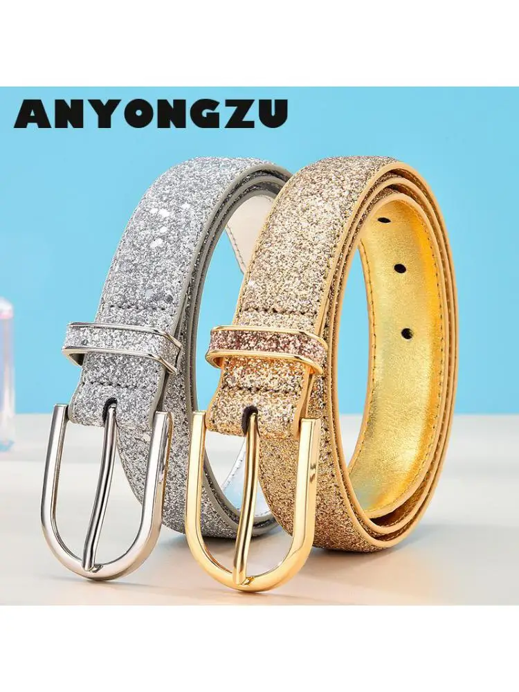 2023 Women Glitter Belt Silver Fashion Golden Female Waist High Quality Super Low Price Luxury Goods Catwalk Shows Decoration