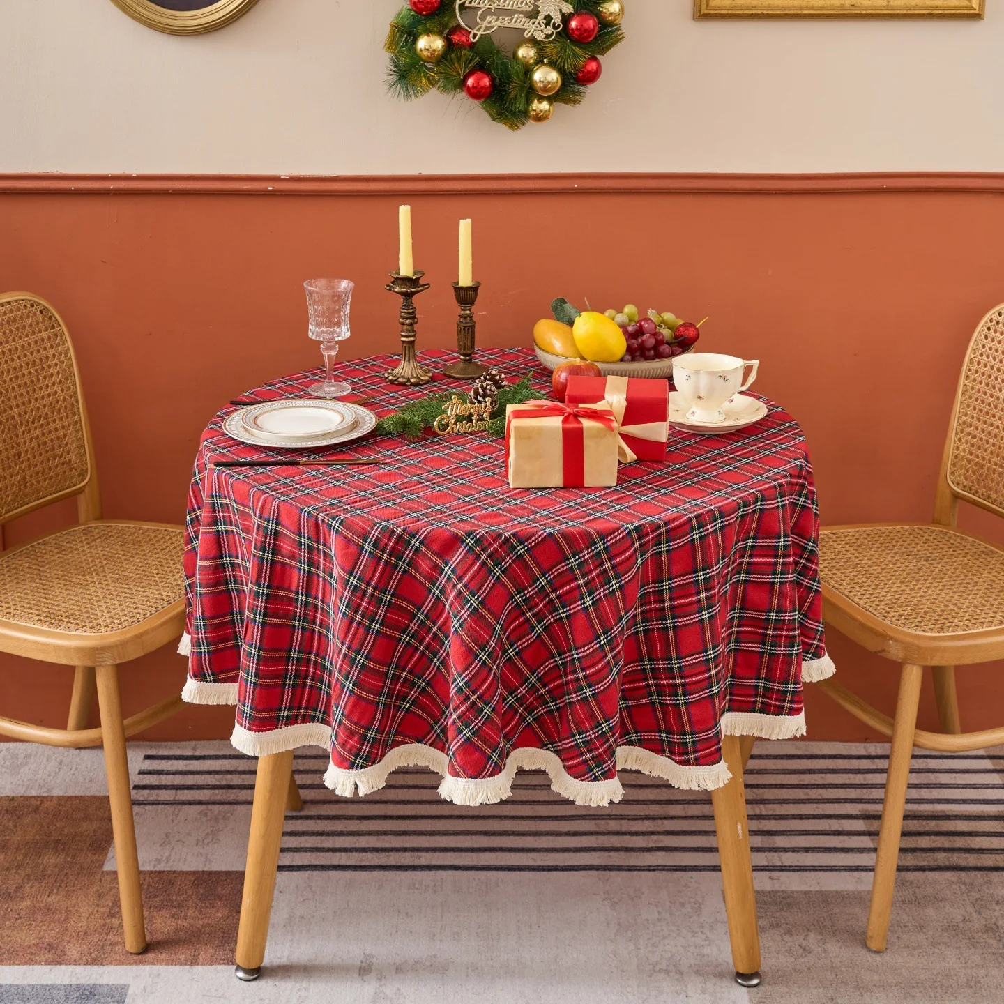 

Round Red Buffalo Plaid Tassel Table Cover Table Protector Cover Transparent Tarot Tablecloth for Kitchen Dinning Party Decor