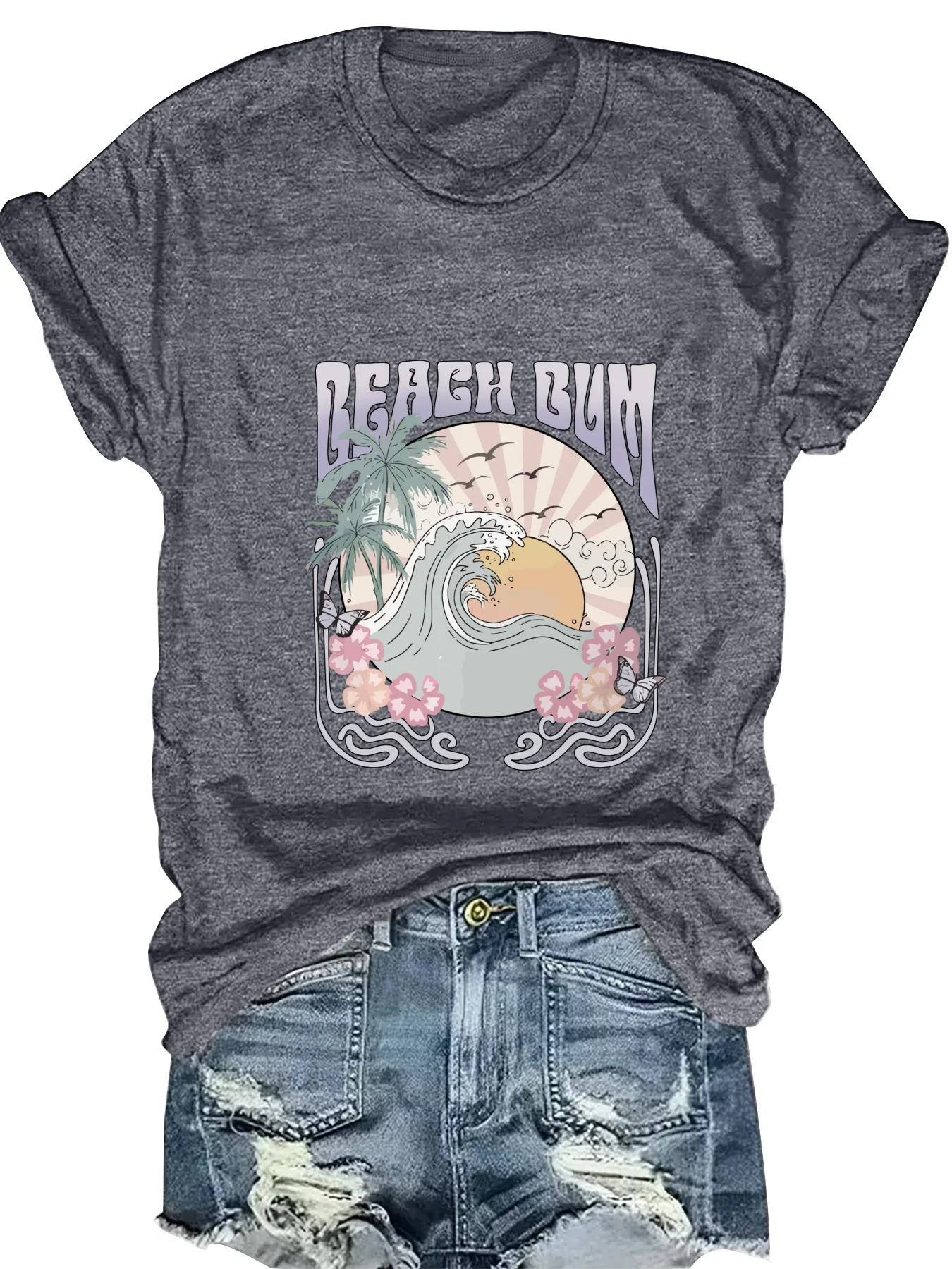 

Fashionable Landscape Pattern Print round Neck Short Sleeve Top for Women Stylish Casual Women's T-Shirt