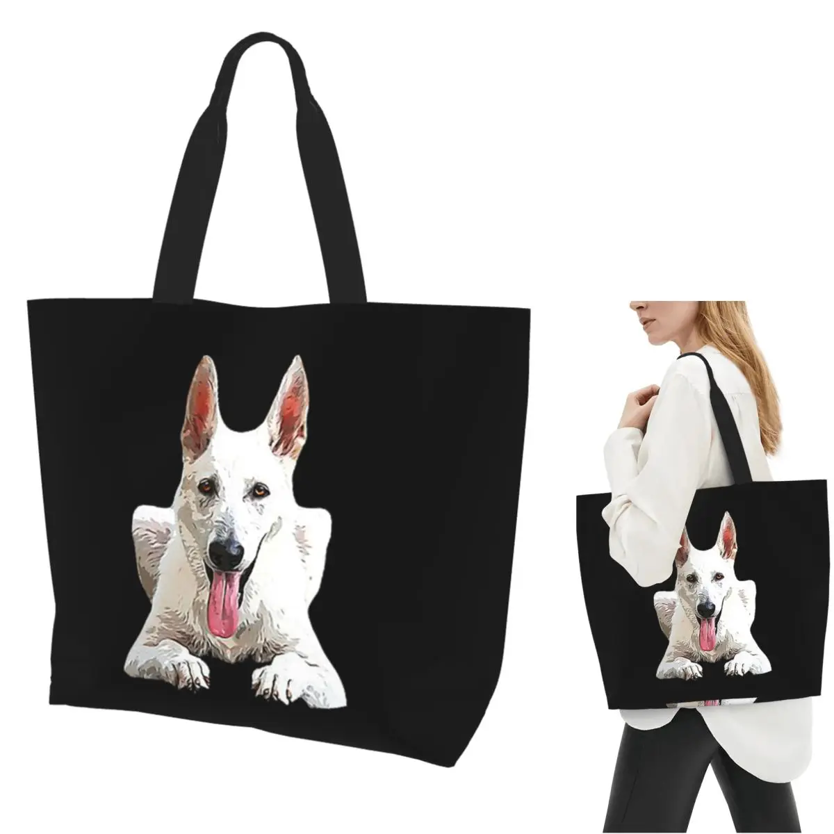 White Swiss Shepherd White German Shepherd Shopping Tote Bag Canvas Shoulder Bags Shopper Grocery Handbag for Women