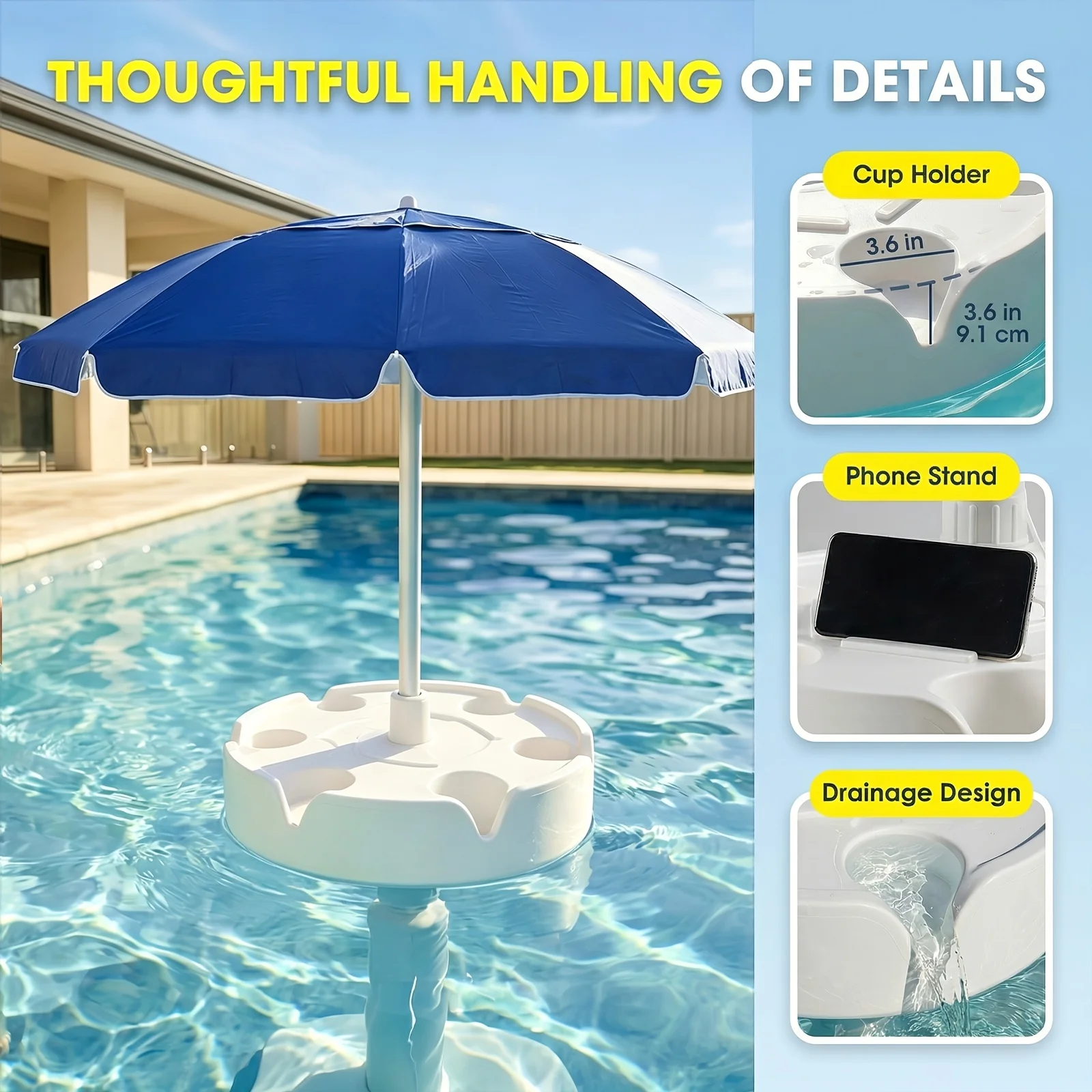 7ft Floating Umbrella for In-Pool Use, Pool Shade Umbrella with Base Cup Holder & Carry Bag, Portable Sun Shelter for Pool image 5