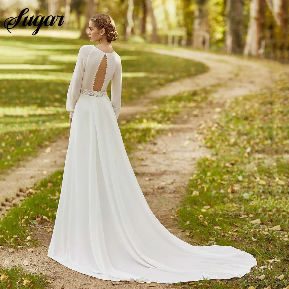 Simple A-Line Chiffon Boho Wedding Dresses V-Neck Long Puffy Sleeves Bride Gowns Lace Blet Wedding Gown Robes de mariée