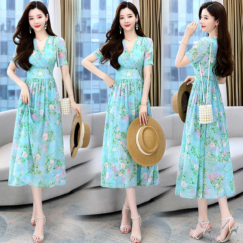 

Women's Vintage Printing Dresses 2022 Summer Floral Printed A- Line Dress Ladies Elastic Waist V-Neck Flowers Beach Dresses