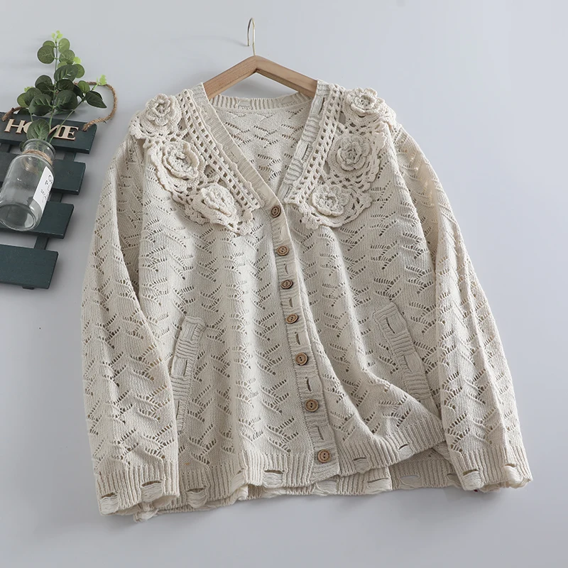 Cardigan intrecciato con occhielli floreali lavorati a maglia Vintage scava fuori autunno Retro Cottagecore Shabby Chic tessuto Boho Gypsy Hippie