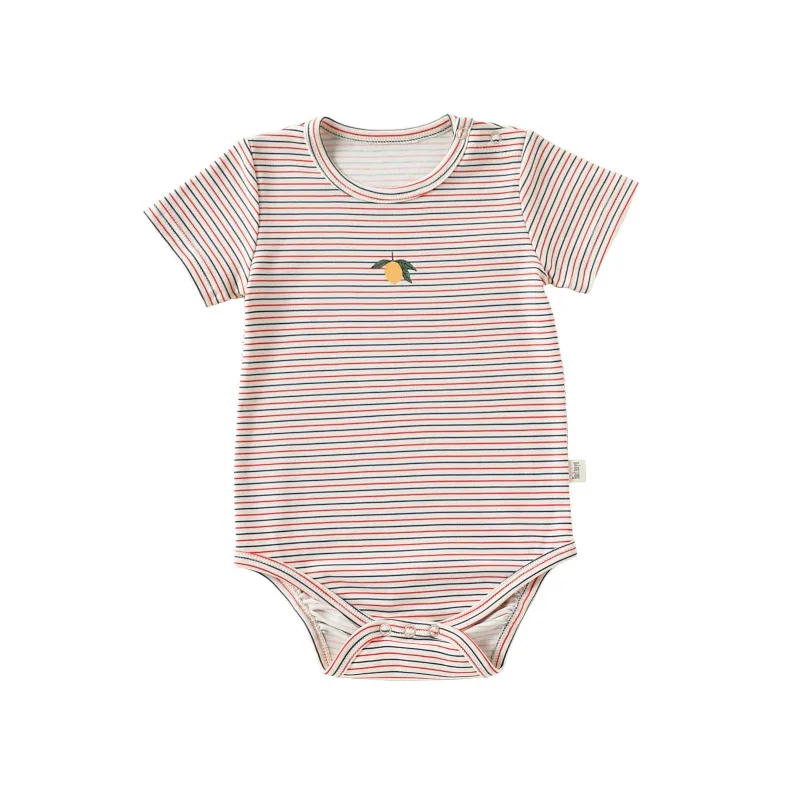 ZOETOPKID Baby Summer Romper Stripe Print Embroidery Button Front Multiple Bodysuit Infant Soft Casual Boys Girls Clothing