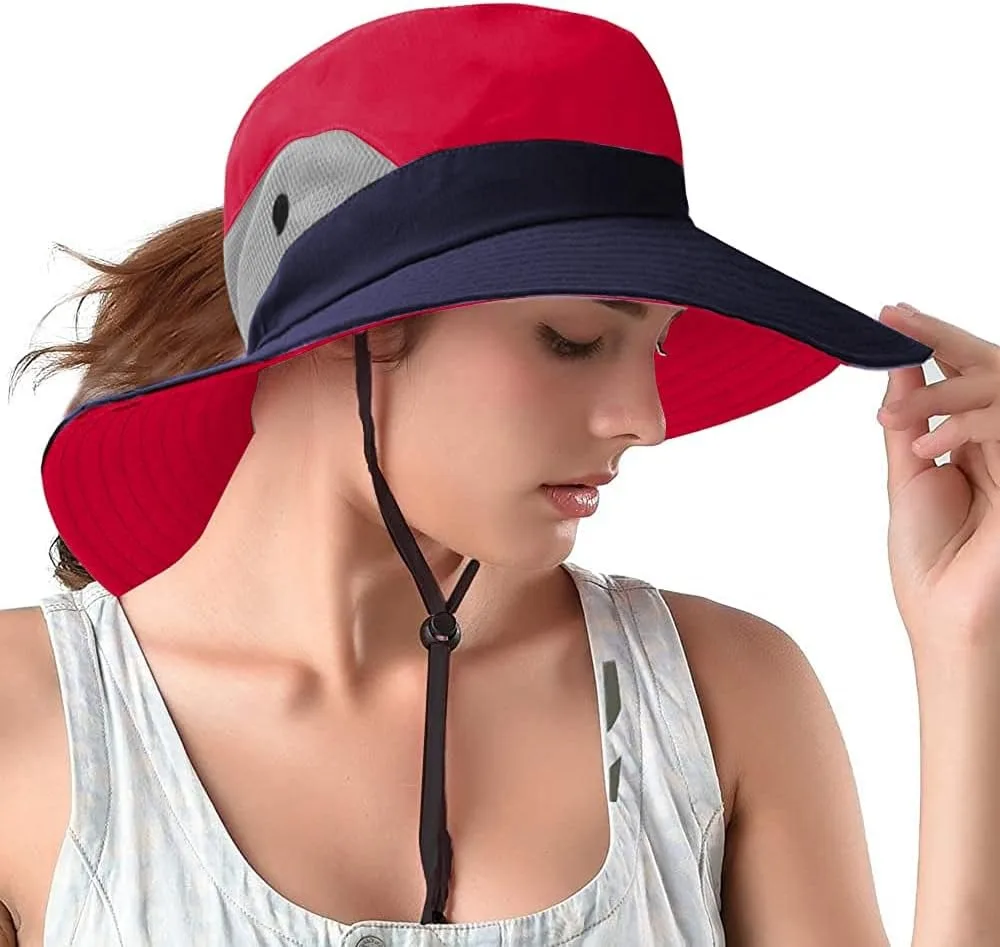 

Ponytail Sun Bucket Hats for Women UV Protection Foldable Mesh Wide Brim Hiking Beach Fishing Summer Safari