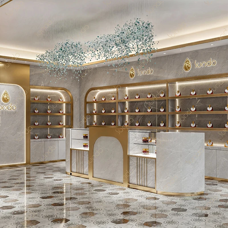 custom.Luxury Perfume Display Design LED Wall Mounted Perfume Cosmetic Display Cabinet Customized Furniture Showcase S