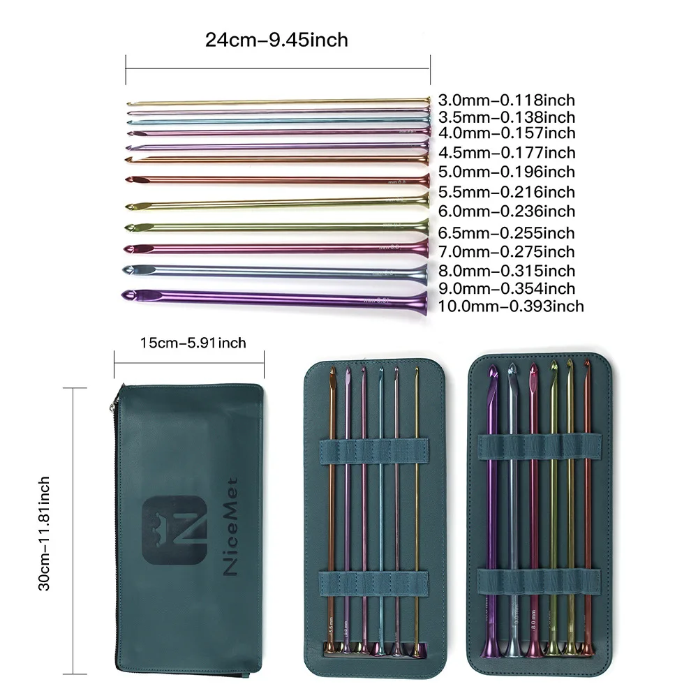 Crochet Hooks Anodized Colored Aluminum Crochet Hooks Extra Long 24cm Afghan Tunisian 12 Pcs Set Smooth Tip Yarn Weaving Craft
