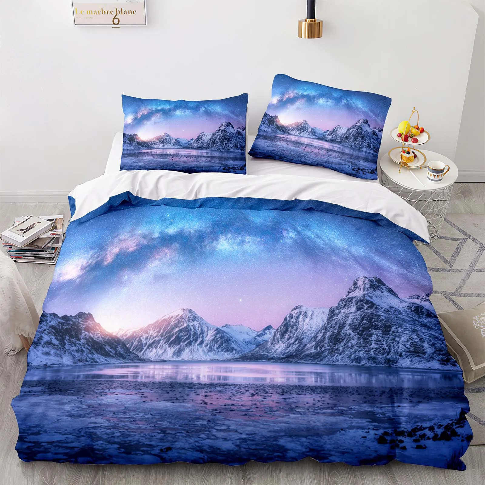 

Mountain Aurora Bedding Set Romantic Galaxy Landscape Bedclothes Single Double Queen Twin Full Size Duvet Cover Women Bed Linen