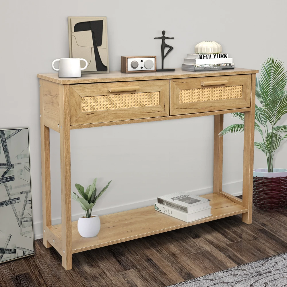 

Console Table with 2 Drawers & Open Shelf, Narrow Accent Table, Rattan Design, Ideal for Living Room, Hallway - Natural Color.