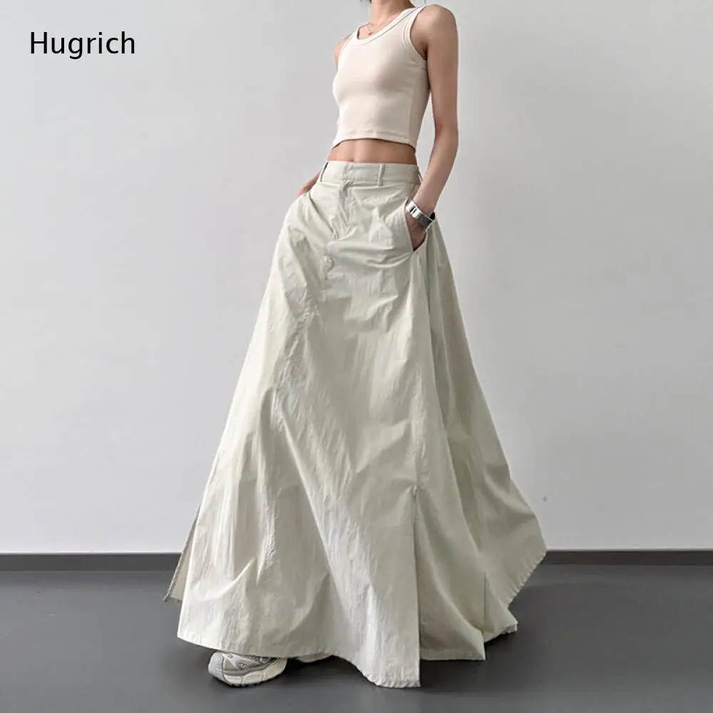 Women High Waist Side Split Maxi Long Skirt Solid Black Loose Flowy A Line Casual Streetwear Swing Skirt With Side Pockets