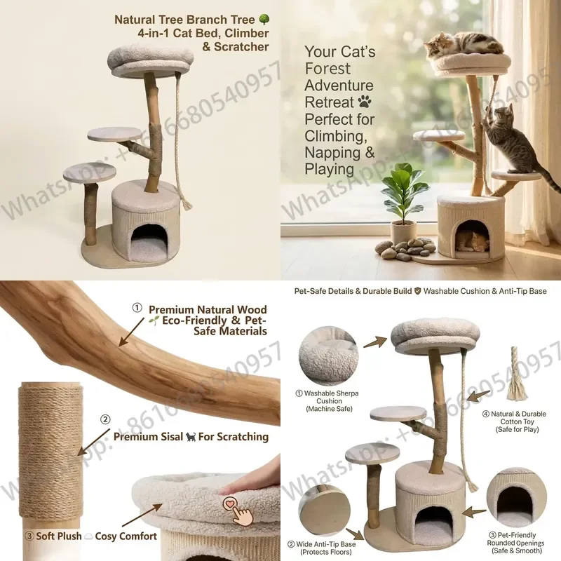 Wooden Cat Tree Tower Modern Cat Climbing Condo Eco-Friendly Anti-Slip Design 3-Level Indoor/Outdoor Cat Furniture